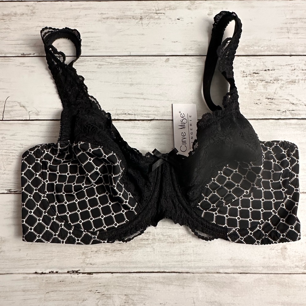 Curve Muse Womens Black/White‎ Geometric Designed Underwire Lace Bra Size 36D
